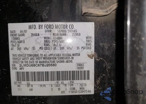 2007 Lincoln Mkx из США, поврежденный, VIN 2LMDU68C67BJ20580